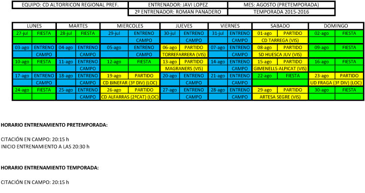Calendario entrenamientos pretemporada 2015/2016